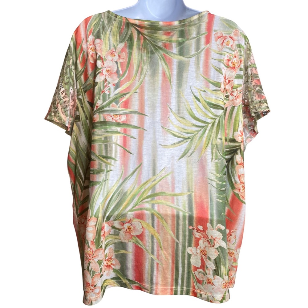 Alfred Dunner Womens Tropical Floral Lace Overlay V Top Sz 2X‎ Feminine Flowy - Picture 2 of 10